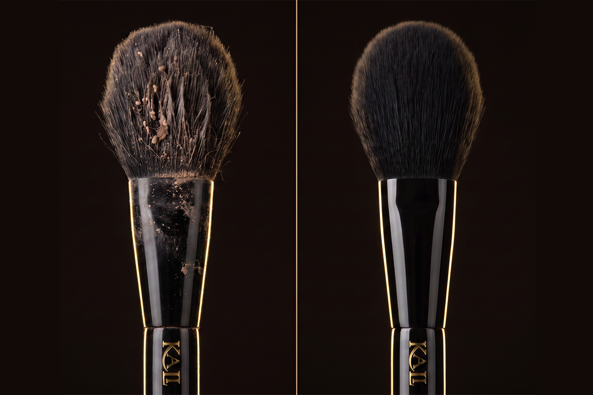 Split view of dirty versus clean brush bristles